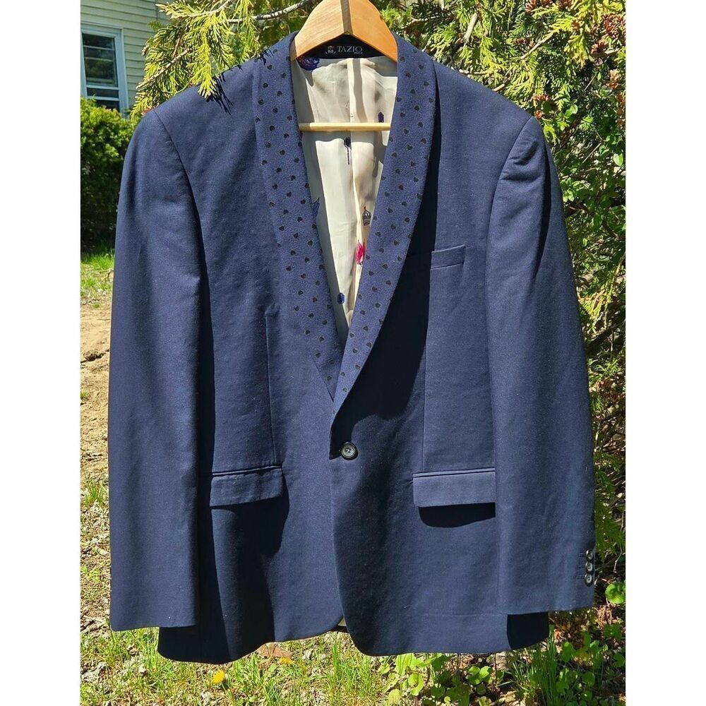 Tazio Italy Embellished Silk Lined Navy Sport Coat Suit Jacket Sz. 42R